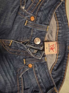 True Religion Women's Dark Indigo Slim Straight Jeans with Yellow Stitching